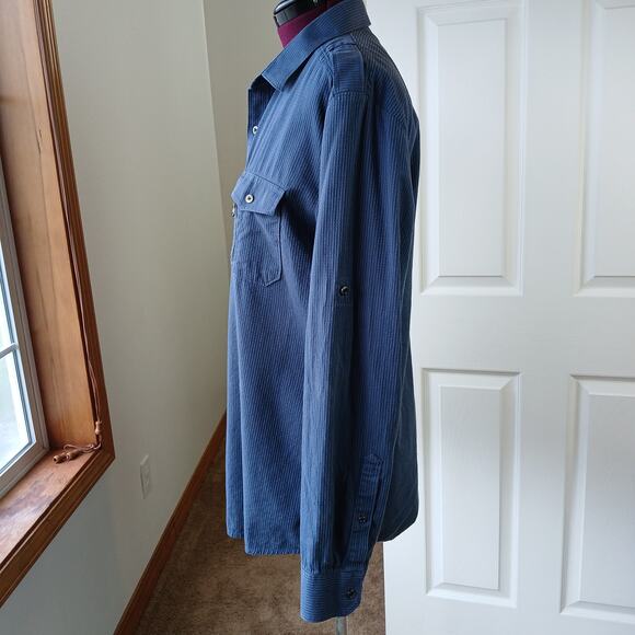 R&R Blue Cotton Button Up Shirt Mens XL long roll tab sleeves jacquard stripes - Picture 4 of 15